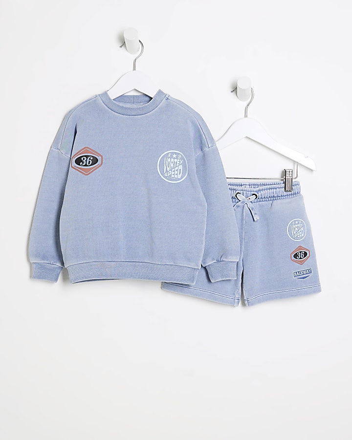 Mini Boys Blue Washed Graphic Set