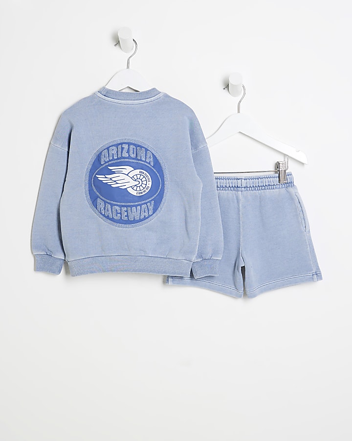 Mini Boys Blue Washed Graphic Set