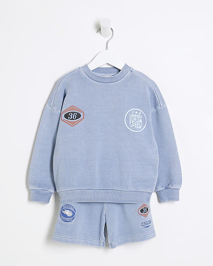 Mini Boys Blue Washed Graphic Set