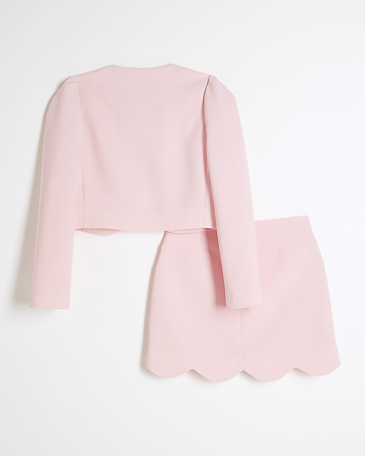 Girls Pink Scalloped Blazer Skirt Set