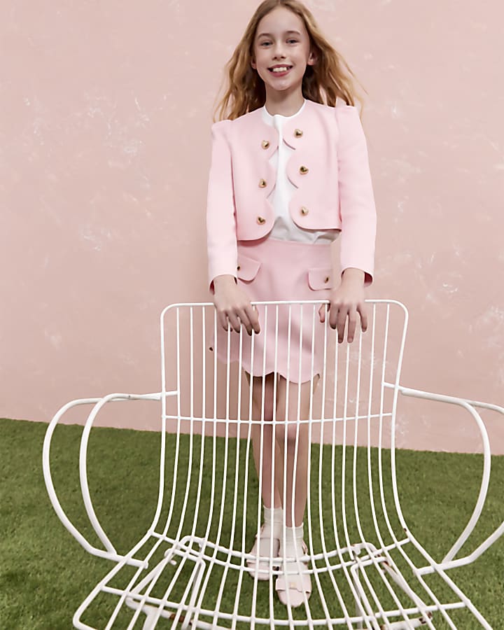 Girls Pink Scalloped Blazer Skirt Set