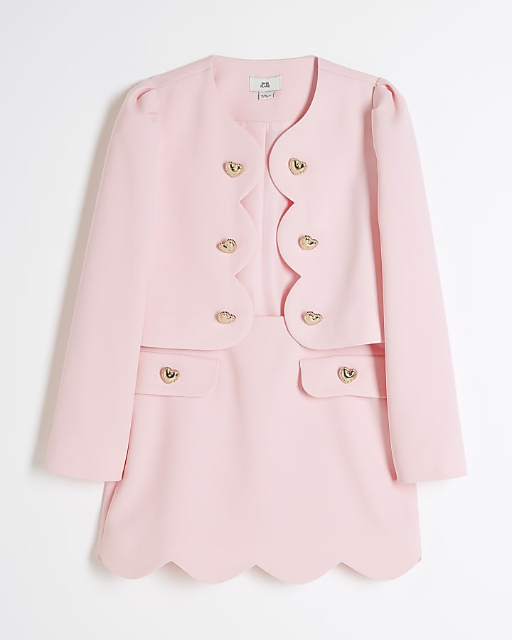 Girls Pink Scalloped Blazer Skirt Set