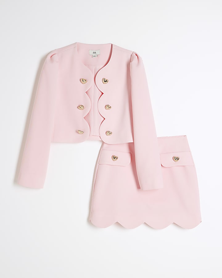 Girls Pink Scalloped Blazer Skirt Set