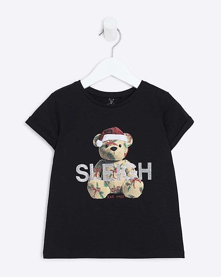 Mini Girls Black Christmas Bear T-Shirt