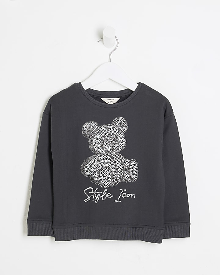 Mini Girls Black Glitter Bear Sweatshirt