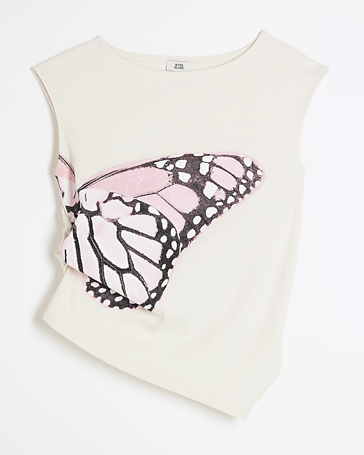 Girls Cream Ruched Butterfly Tee