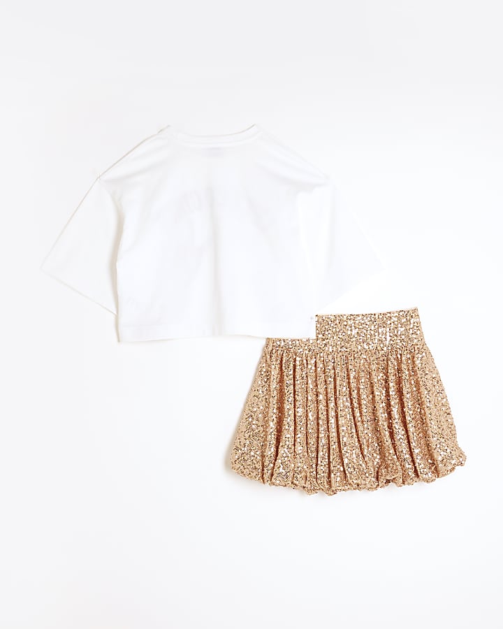 Girls Rose Gold Sequin Bubble Hem Skirt Set