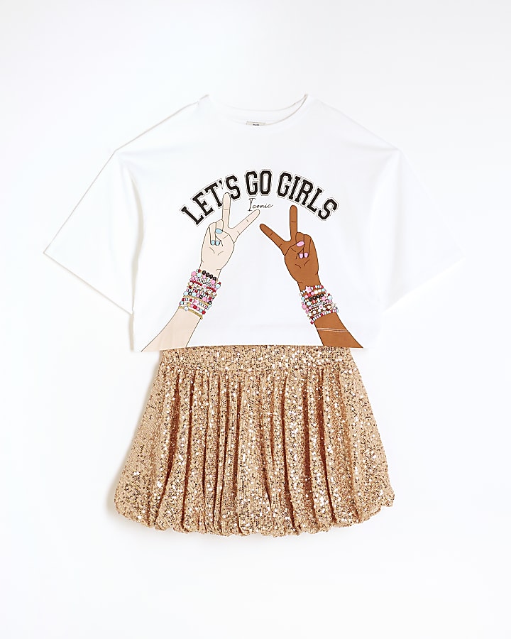 Girls Rose Gold Sequin Bubble Hem Skirt Set