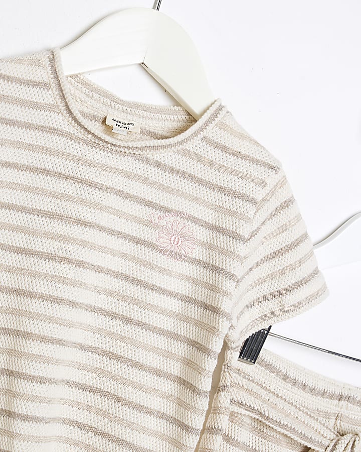 Mini Girls Cream Stripe Textured T-Shirt Set