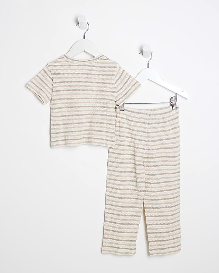 Mini Girls Cream Stripe Textured T-Shirt Set