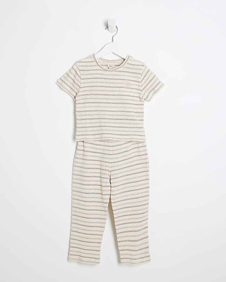 Mini Girls Cream Stripe Textured T-Shirt Set