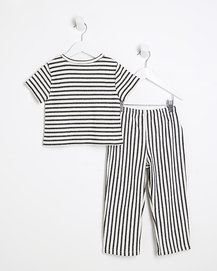 Mini Girls Black Stripe Textured T-Shirt Set