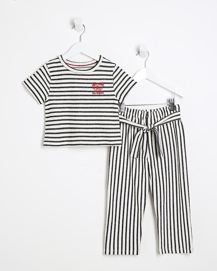 Mini Girls Black Stripe Textured T-Shirt Set