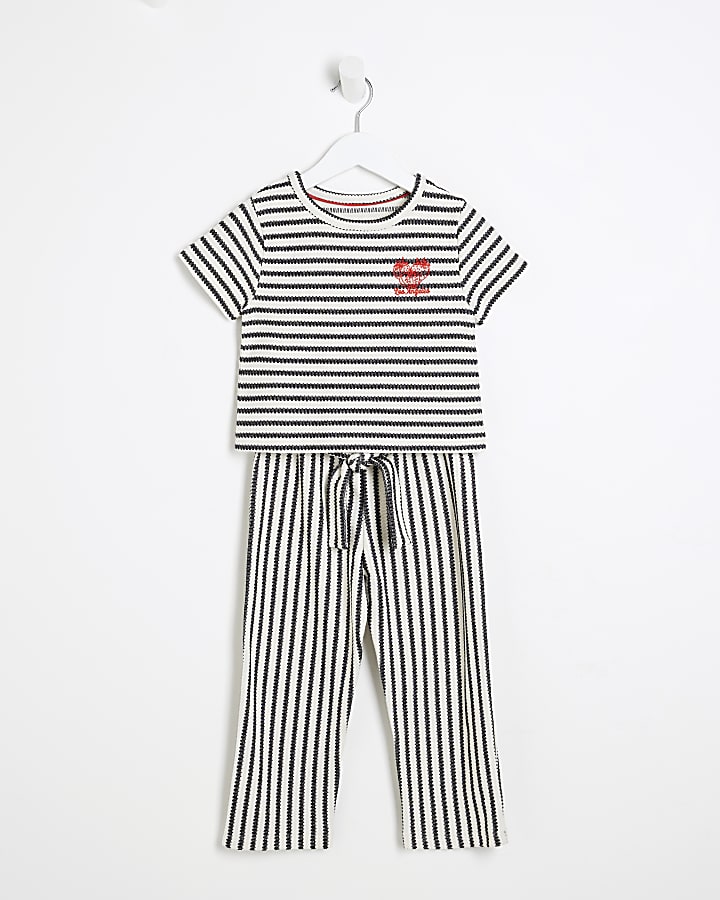 Mini Girls Black Stripe Textured T-Shirt Set