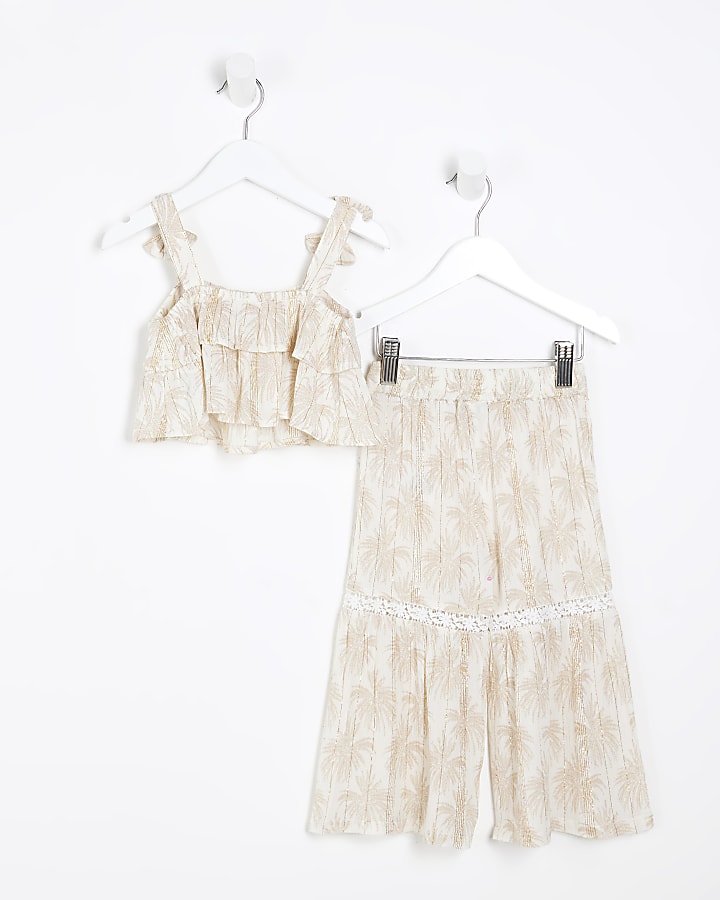 Mini Girls Cream Palm Shimmer Trousers Set