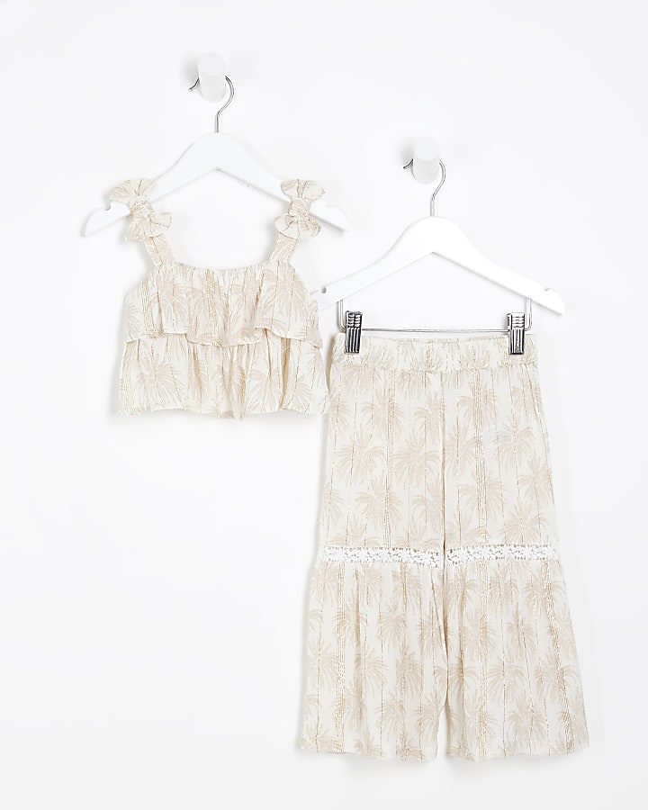 Mini Girls Cream Palm Shimmer Trousers Set