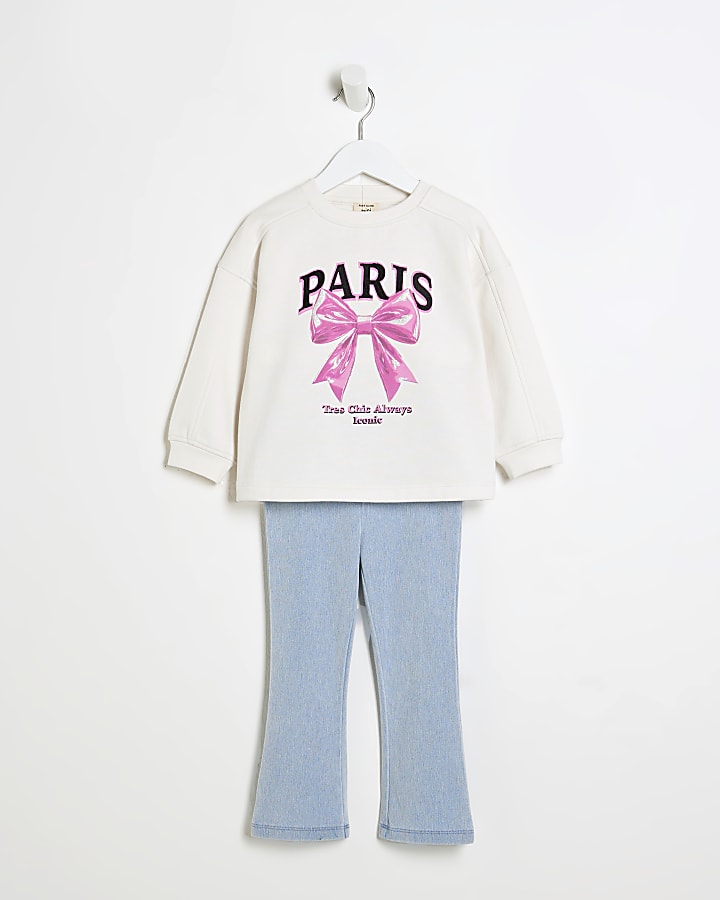 Mini Girls White Paris Bow Sweatshirt Set