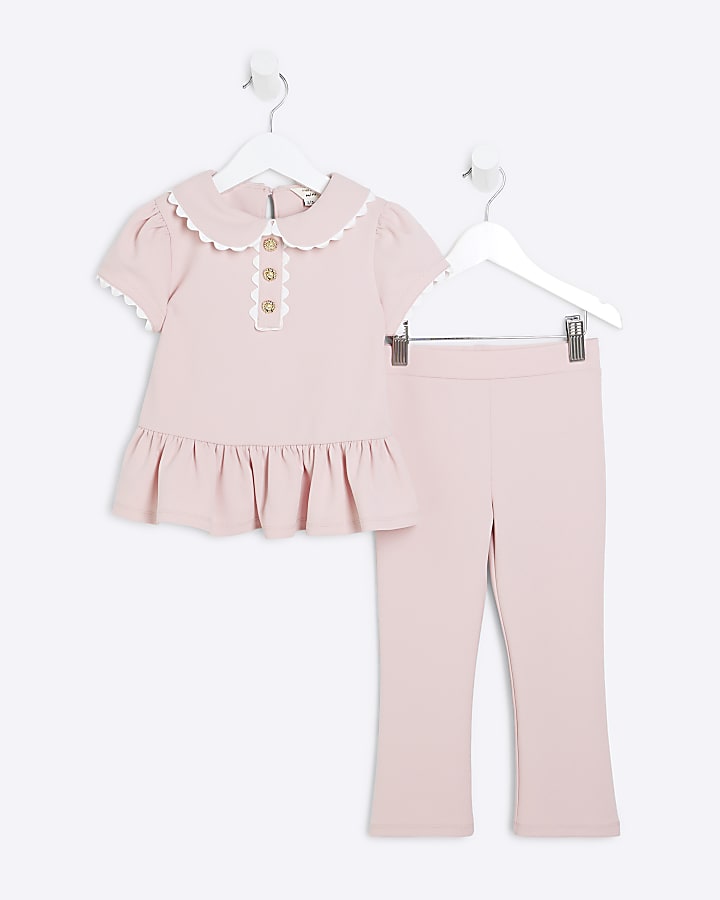 Mini Girls Pink Collared Top Set