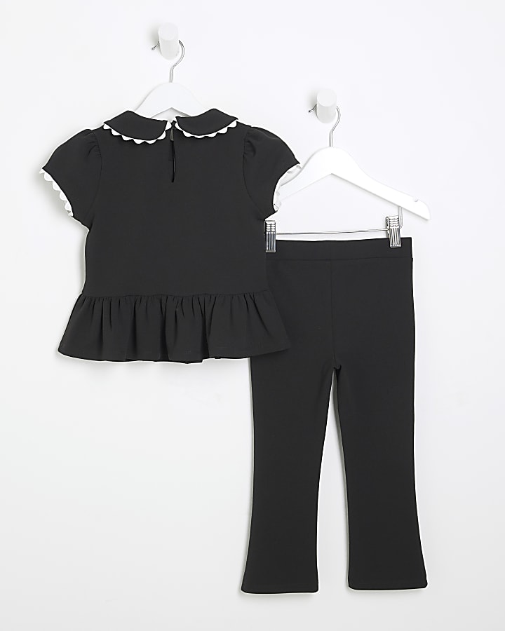 Mini Girls Black Collared Top & Trousers Set