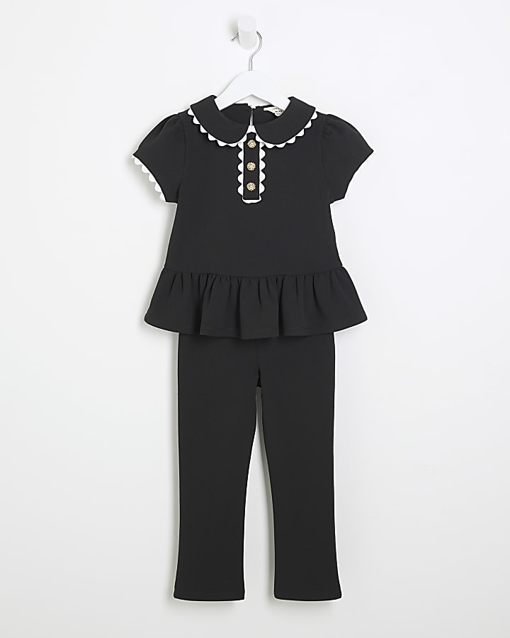 Mini Girls Black Collared Top & Trousers Set