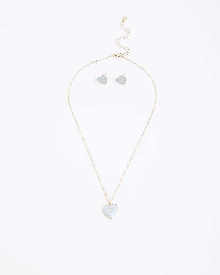 Gold Heart Earrings And Necklace Set