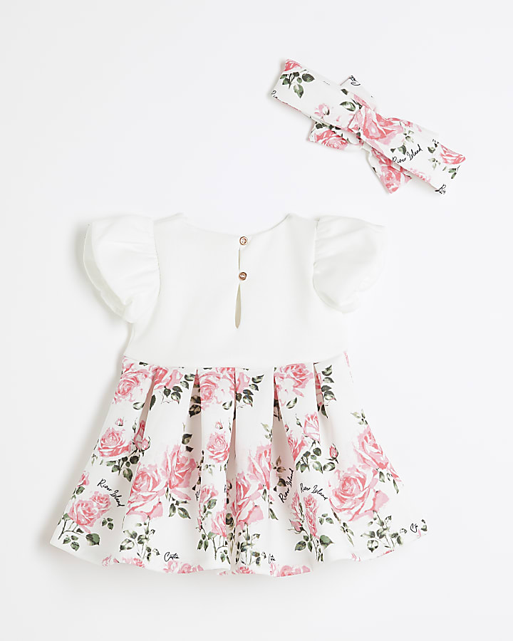 Baby Girls Pink Rose Print Scuba Dress Set