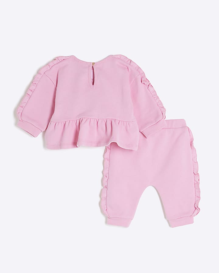 Baby Girls Pink Ruffle Trim Sweatshirt Set