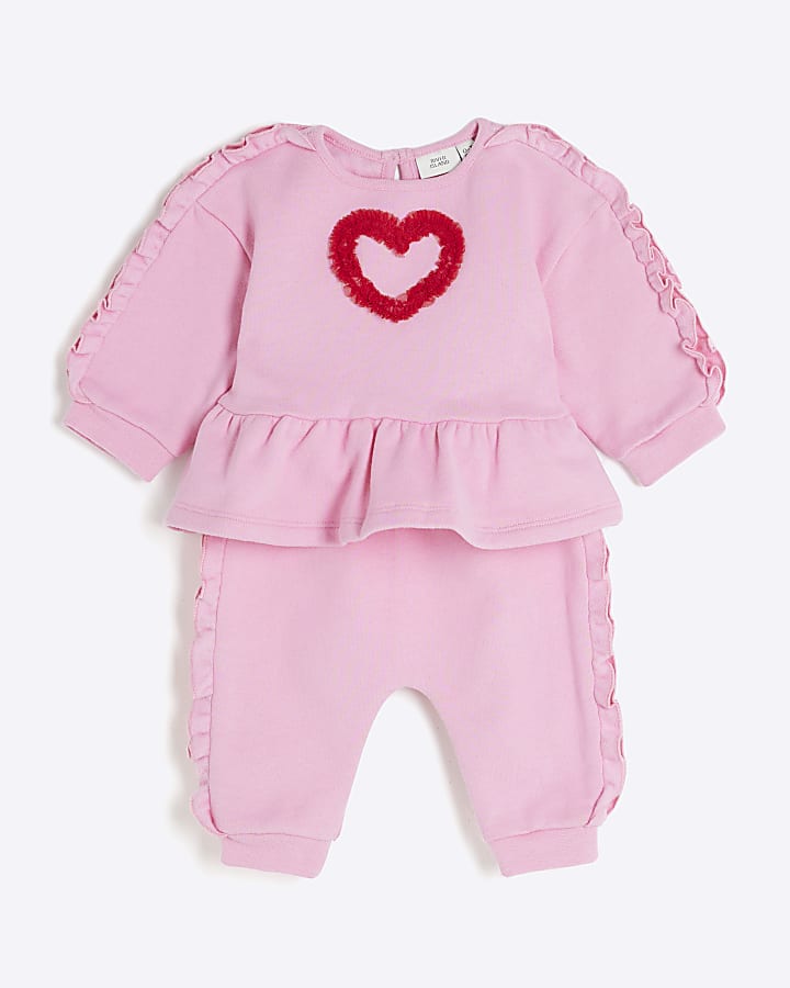 Baby Girls Pink Ruffle Trim Sweatshirt Set