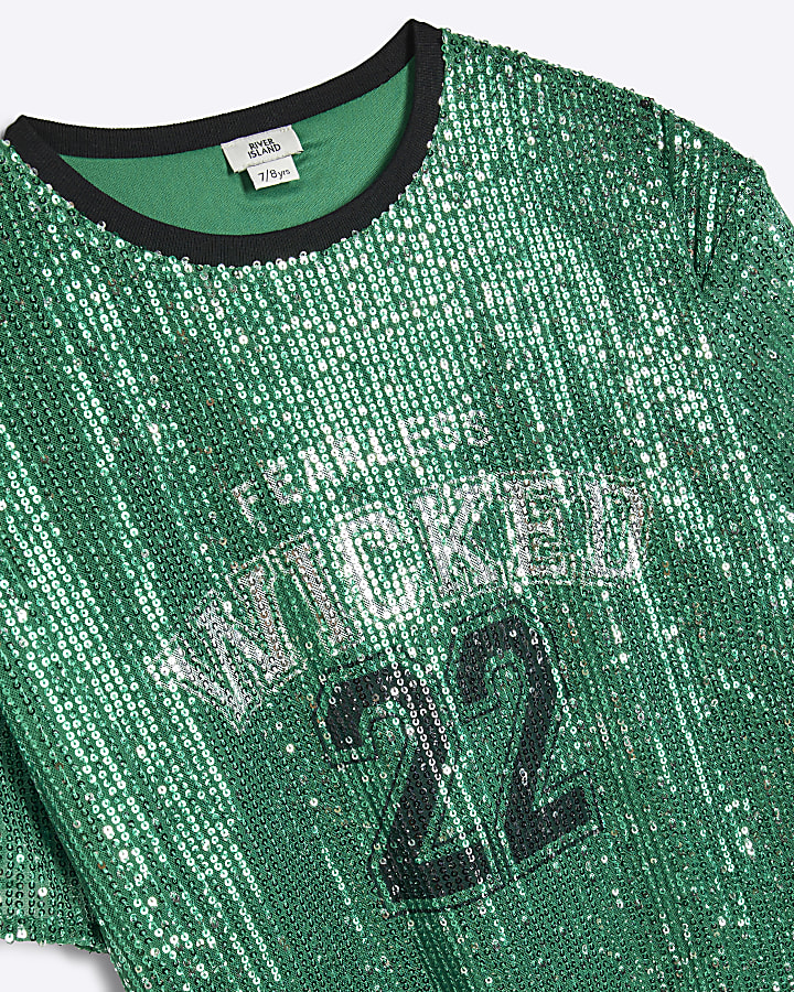 Girls Green Sequin Varsity Wicked T-Shirt