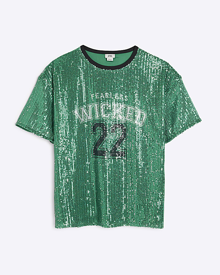 Girls Green Sequin Varsity Wicked T-Shirt