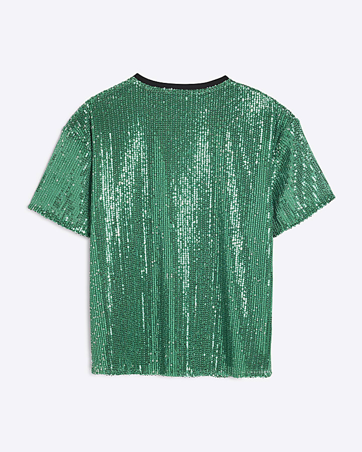 Girls Green Sequin Varsity Wicked T-Shirt