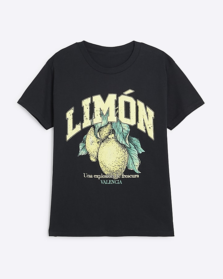 Girls black lemon graphic t-shirt