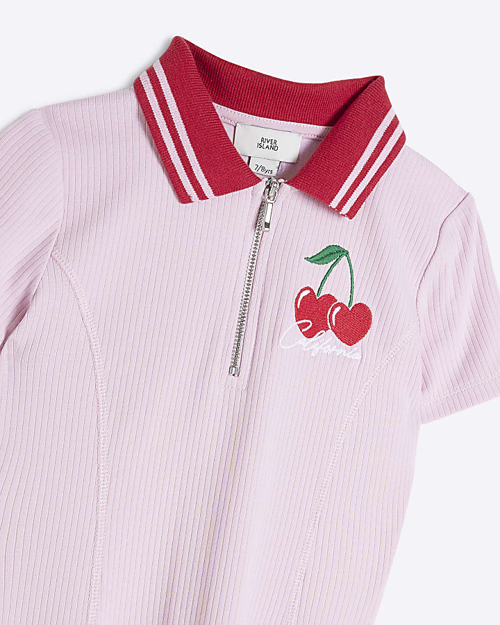 Girls Pink Ribbed Cherry Quarter Zip Dress