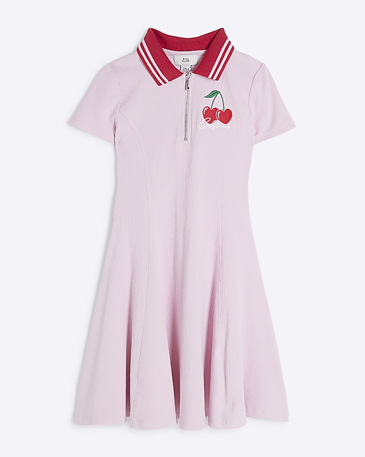 Girls Pink Ribbed Cherry Quarter Zip Dress