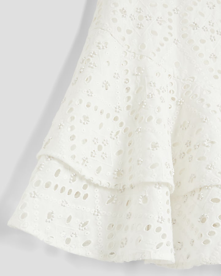 Girls White Broderie Beaded Skater Dress