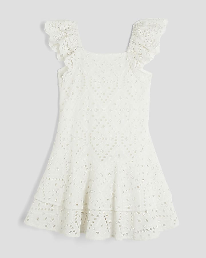 Girls White Broderie Beaded Skater Dress