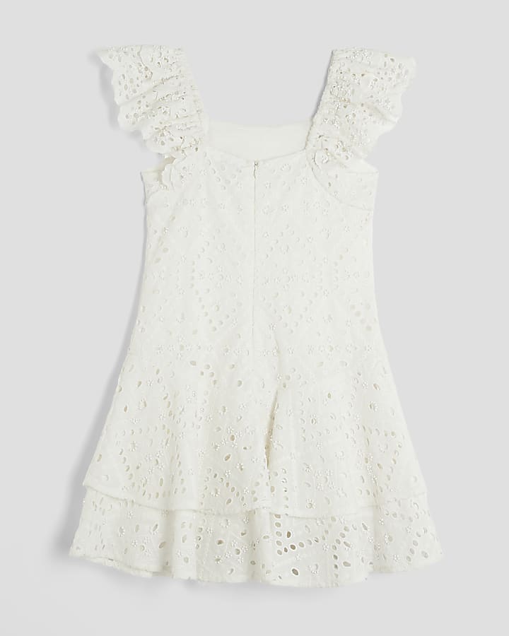 Girls White Broderie Beaded Skater Dress