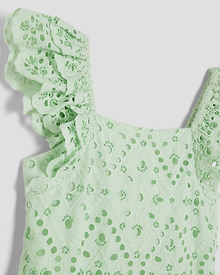 Girls Green Broderie Beaded Skater Dress