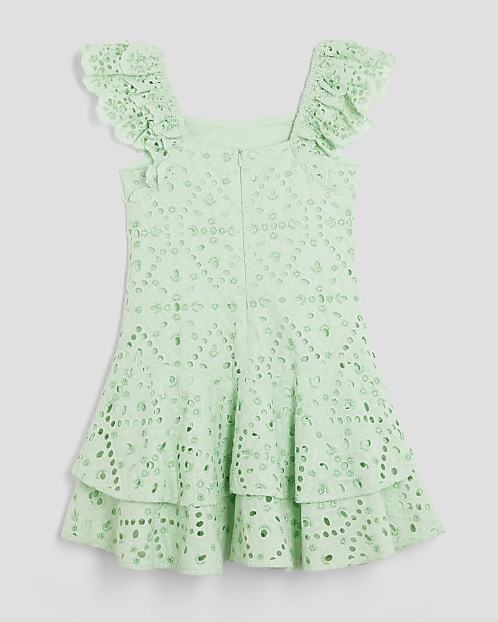 Girls Green Broderie Beaded Skater Dress