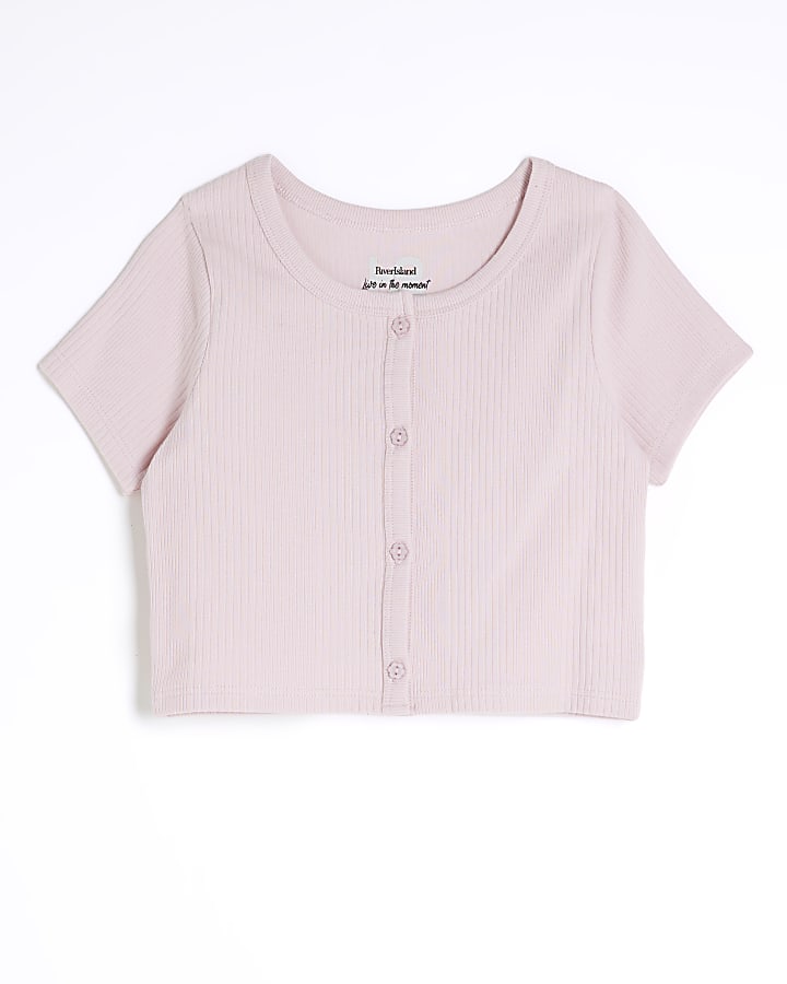 Girls Pink Ribbed Scoop Crop Top