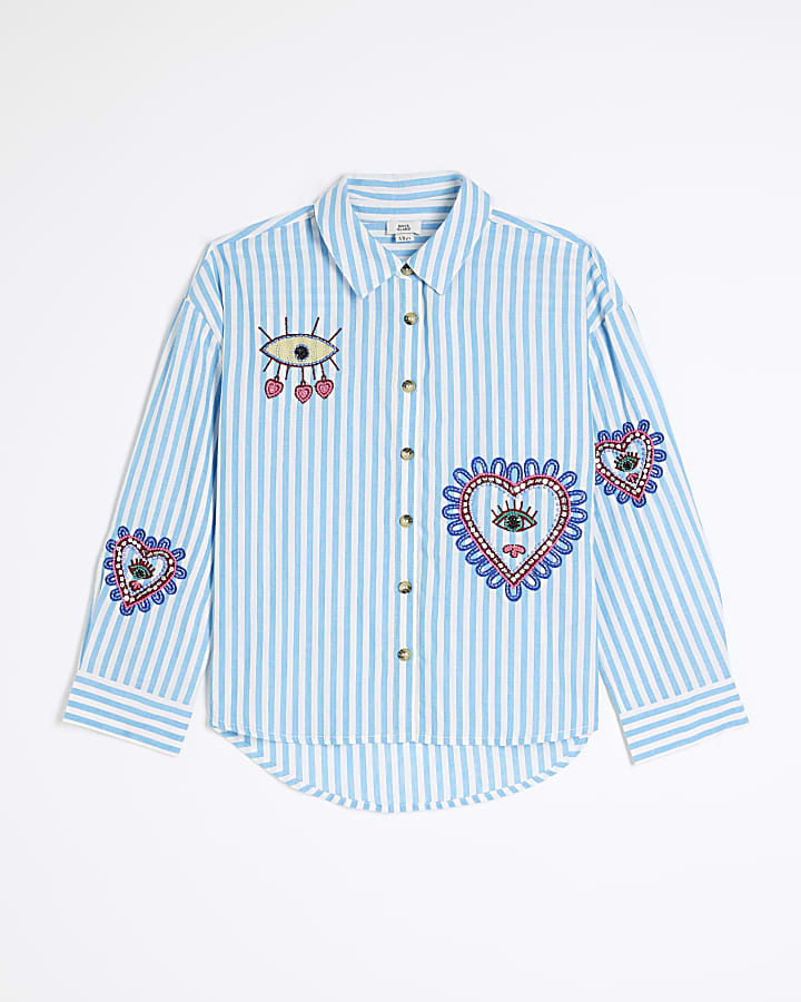 Girls Blue Stripe Embellished Shirt