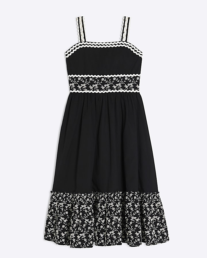 Girls Black Embroidered Rik Rak Maxi Dress