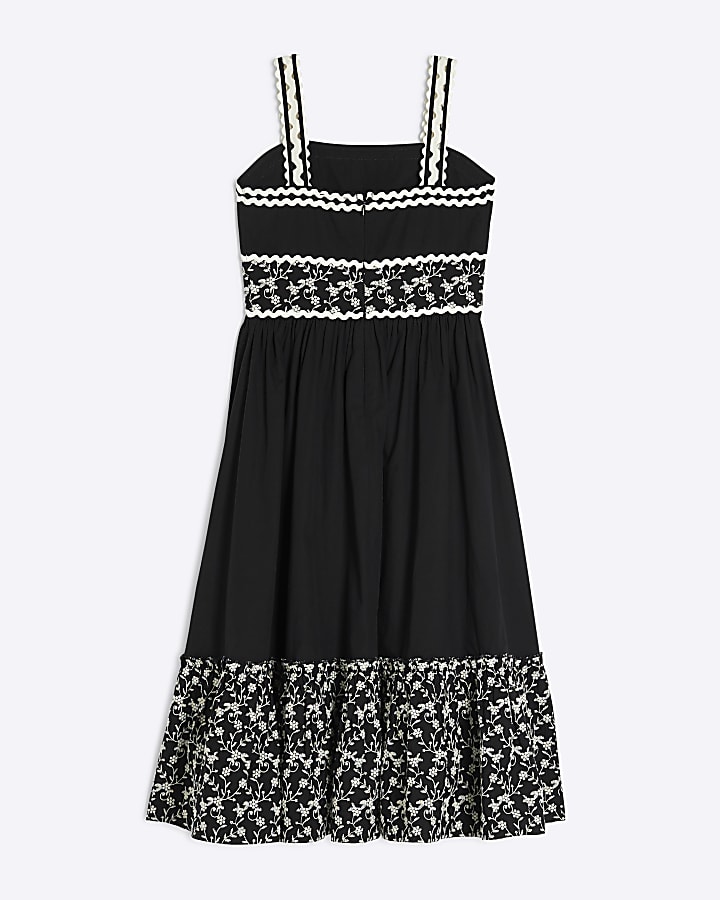 Girls Black Embroidered Rik Rak Maxi Dress