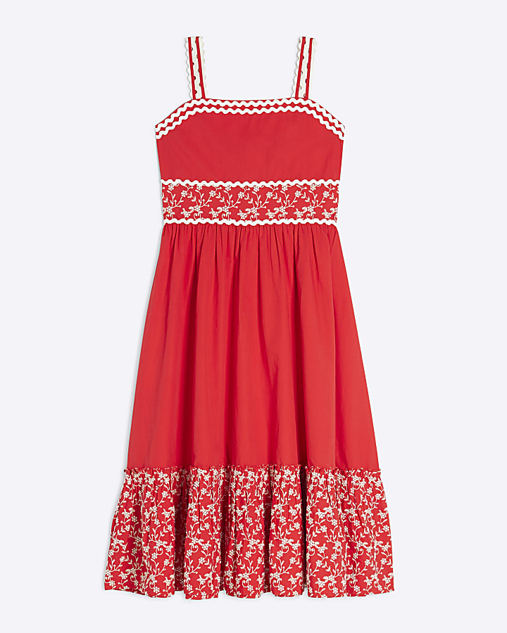 Girls Red Embroidered Floral Maxi Dress