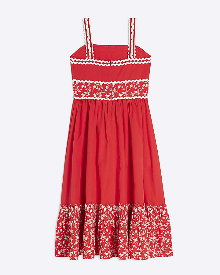 Girls Red Embroidered Floral Maxi Dress