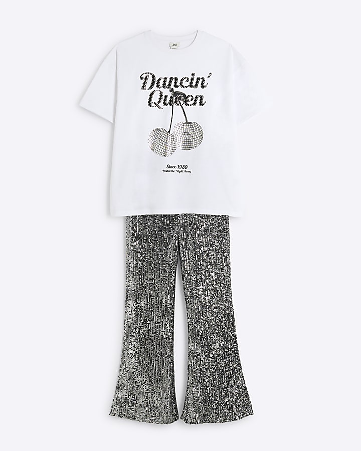 Girls Silver Sequin Disco T-Shirt Flare Set