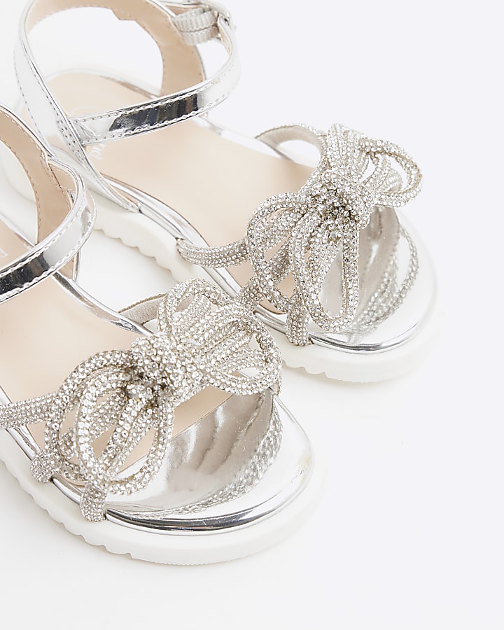 Mini Girls Silver Diamante Bow Sandals