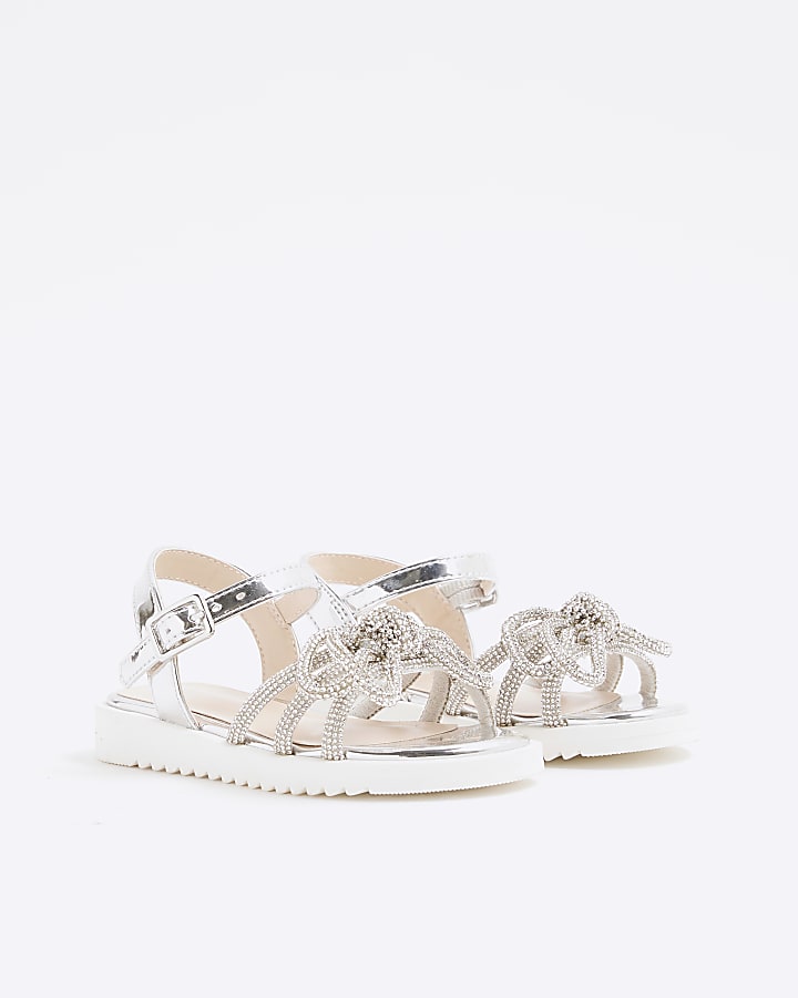 Mini Girls Silver Diamante Bow Sandals