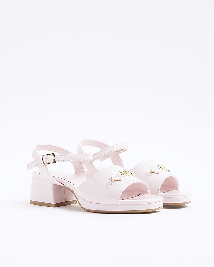 Girls Pink Heart Trimmed Block Heeled Sandals