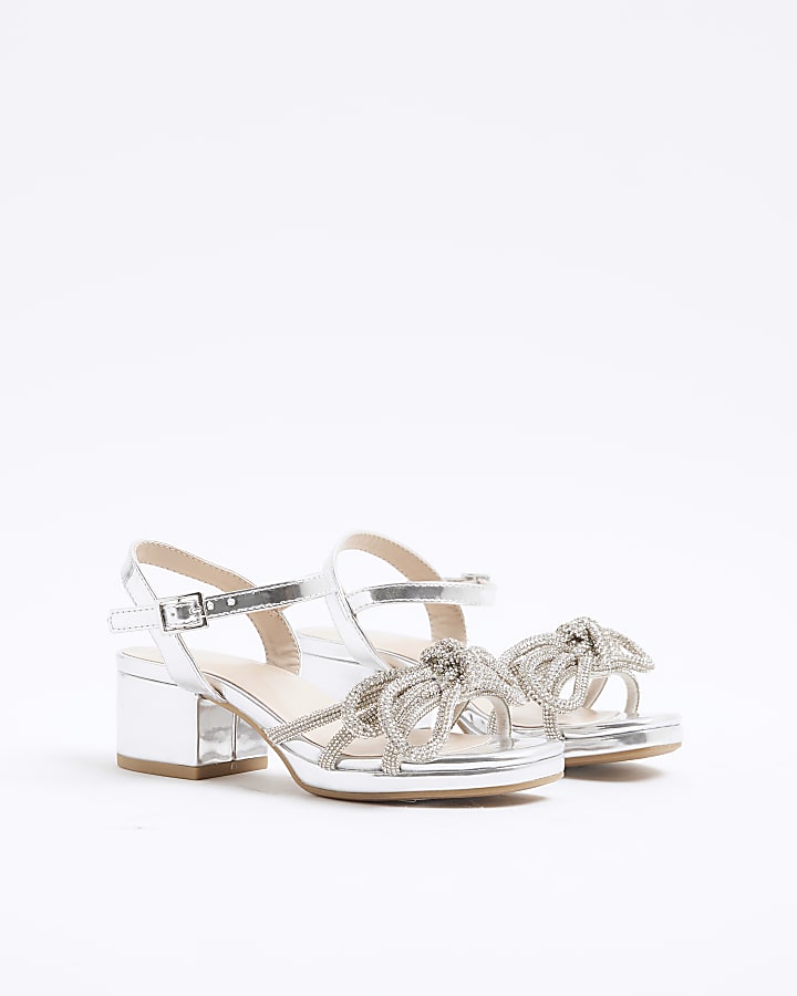 Girls Silver Embellished Block Heeled Sandals